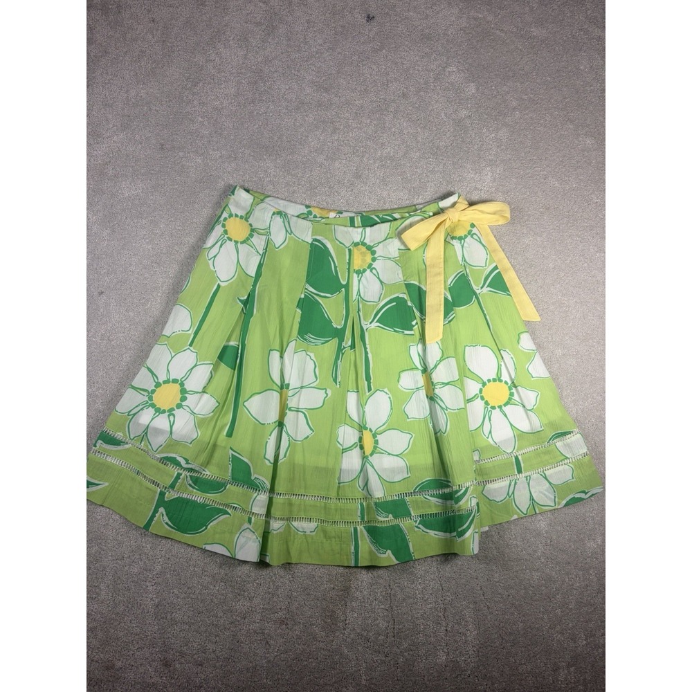 Lilly Pulitzer Pleated A-Line Skirt Green White Daisy Floral Yellow Bow 8‎